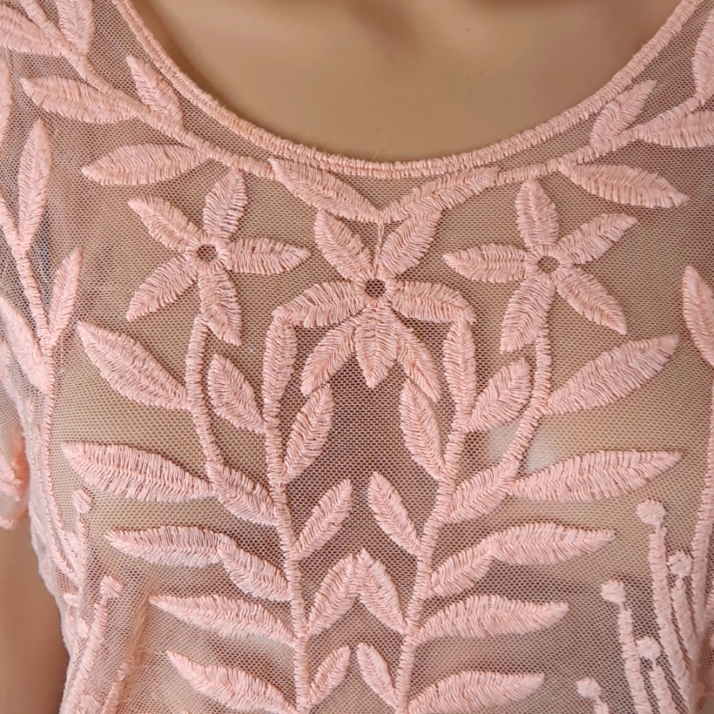 Pink Lace Floral Mesh Crew-Neck See-Through Top by Xhilaration - Picture 3 of 7